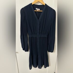 Nanette Lepore Navy Pleated Long-Sleeve Button Dress